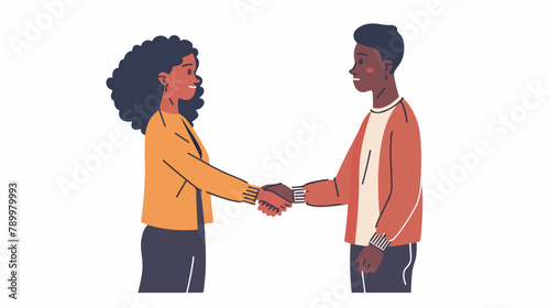 Young man and Black woman shake hands. Vector cartoon