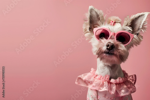 Portrait of a dog in pink dress and sunglasses.