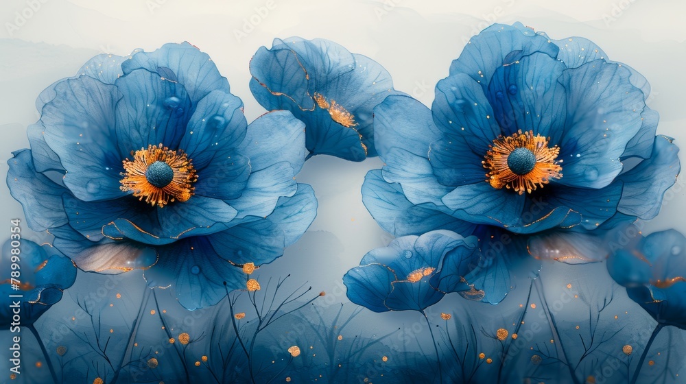 Obraz premium A beautiful bouquet of blue flowers with a watercolor background. A luxurious wallpaper design made using blue flowers, line art and watercolors. This is an elegant design suitable for fabrics,