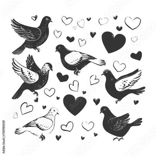 Doves in love with hearts, set of wedding decorative pigeon birds, black and white vector graphics
