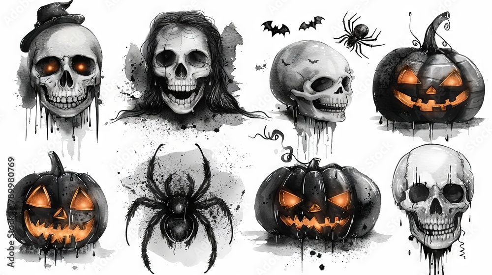This set of graffiti spray patterns includes halloween symbols, speech bubbles, bones, spiders, skulls, pumpkins and spray textures on white backgrounds. Perfect for decoration, street art, - obrazy, fototapety, plakaty 