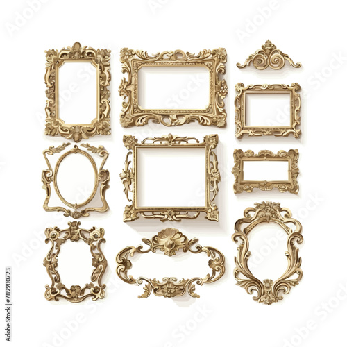 Empty picture frames in vintage victorian style. Antique classic carved frameworks set. Ornament borders, retro decorations for painting, photo. Flat vector illustration isolated on white background