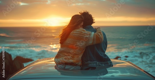A couple kissing on the roof of a car at sunset, with a beautiful ocean view in the background. The image encapsulates romance and adventure, creating a memorable moment in a picturesque setting. photo