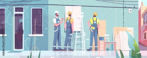 Professional repairmen repairing apartment. Wall, uniform, painting flat vector illustration. Renovation and repair service concept for banner, website design or landing web page