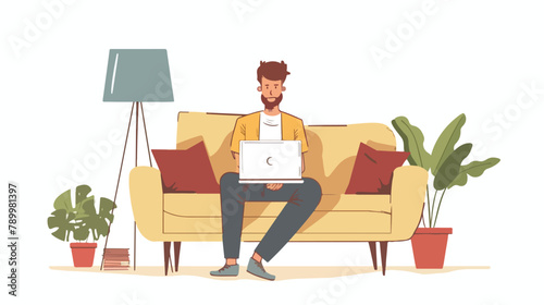Young man sitting on the sofa at home interior 