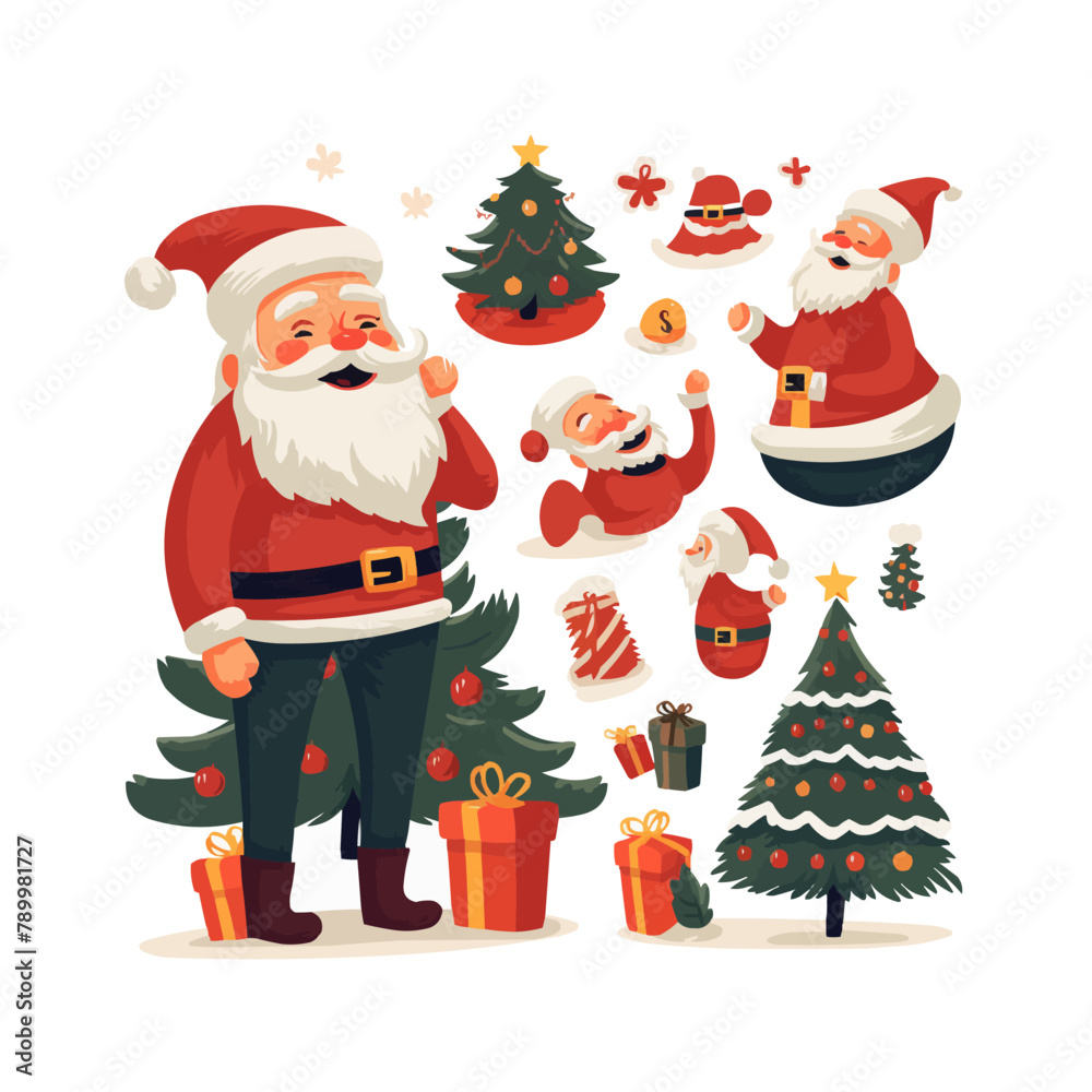 Santa Claus character in different poses smiling celebrates Christmas holiday. Old man in red suit and black boots decorate christmas tree, sleep amchair. Vector flat illustration on white background Santa Claus character in different poses smiling celebrates Christmas holiday. Old man in red suit and black boots decorate christmas tree, sleep amchair. Vector flat illustration on white background