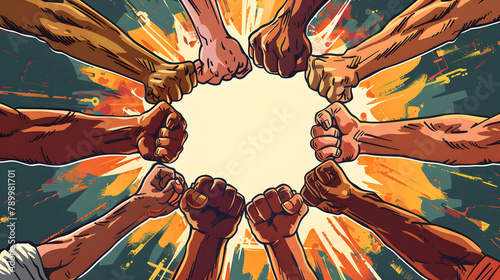A bunch of fists worked in unison in a team concept. office colleagues discussed on innovation strategies and bolstered success with diverse business humans acclaiming to form a round. 