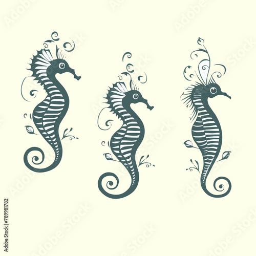 Seahorse | Minimalist and Simple set of 3 Line White background - Vector illustration