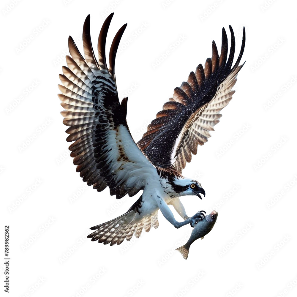 Obraz premium Hawk hovering and catching fish, isolated background