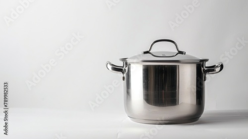 Photograph of a stainless steel pot leaning forward on a white backdrop