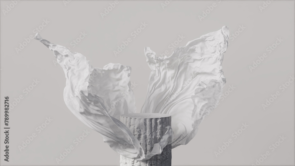 Fototapeta premium 3D stone display podium gray background. Luxury flying white cloth in motion. Glamour minimal pedestal for beauty, cosmetic product presentation. Feminine curtain,copy space template, studio 3d render