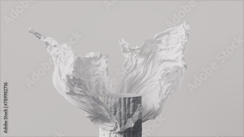 3D stone display podium gray background. Luxury flying white cloth in motion. Glamour minimal pedestal for beauty, cosmetic product presentation. Feminine curtain,copy space template, studio 3d render