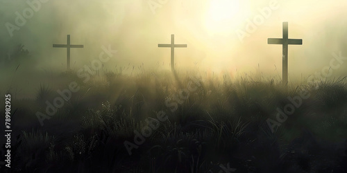 Three crosses in the pale sunlight #789982925