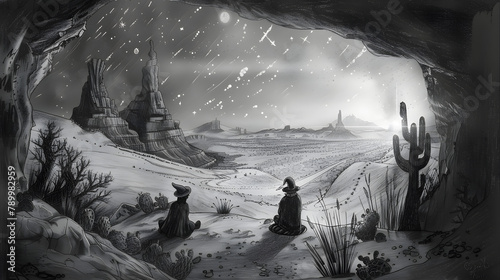 A charming charcoal drawing of the astute wizard and his imp buddy. nestled in a cave overlooking an eternal desert sprinkled with meteor showers photo