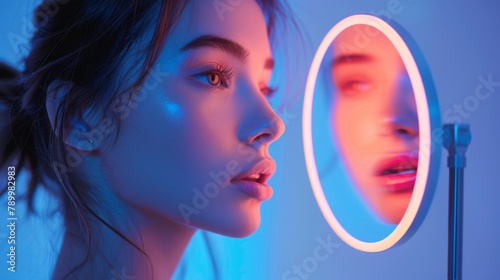 Captivating portrait of a young woman illuminated by a selfie ring light