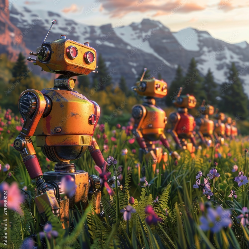 Downsizing images, Robots are standing in a line, robots are seen in small and big sizes and this image shows downsizing, spring background Downsizing images, Robots are standing in a line, robots are seen in small and big sizes and this image shows downsizing, spring background