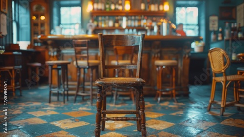 An old wooden bar stool stands solo by a counter in a warmly lit, traditional pub, inviting patrons to take a seat. © photolas