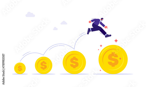 Raise salary increase, wages or income growth concept, investment profit and earning rising up, career development or wealth management, businessman jumping on bigger money coin