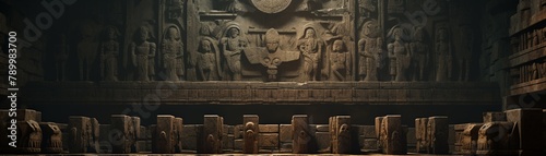 Beautiful worship scene in a pre-Columbian temple, soft light, intricate stone carvings, serene devotion,  photo