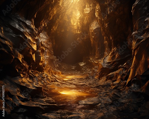 Cave filled with gold, magical glow, eye-level shot, hyper realistic, low noise, low texture,