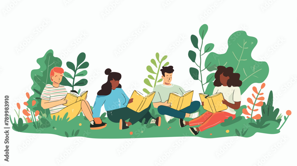 Young women and men reading books in the park. Vector