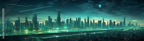 Futuristic cityscape  green architecture  twilight  wide shot  