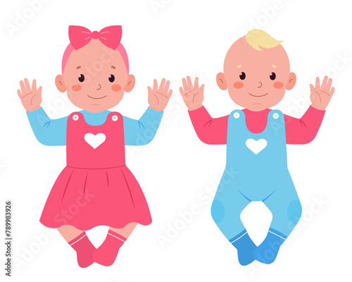 Cute baby girl in pink dress with bow on her head and baby boy in blue clothes. Vector cartoon illustration isolated on white background 