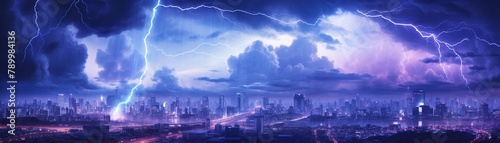 Lightning-filled sky over a bosozoku meet-up  panoramic  electric blues against neon city glow  dynamic  