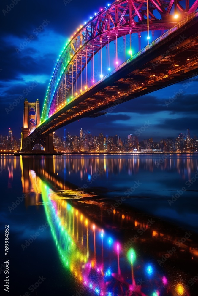Obraz premium Rainbow bridge in seapunk city, ultra-wide angle, saturated colors, night, reflective water surface, 