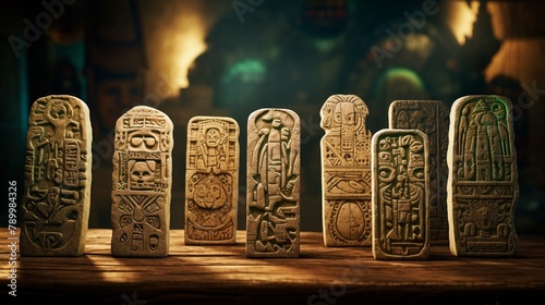 Prophecy tablets of pre-Columbian origin, macro lens, detailed glyphs, mystical glow, ancient wisdom,  photo