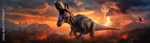 Prophecies of T-rex return, high detail, ancient runes, twilight, mysterious aura, lush prehistoric landscape, 