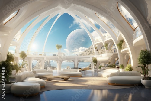 Salvation through luxury in a martensite dome, fish-eye, radiant interiors, soft lighting, peaceful,  photo