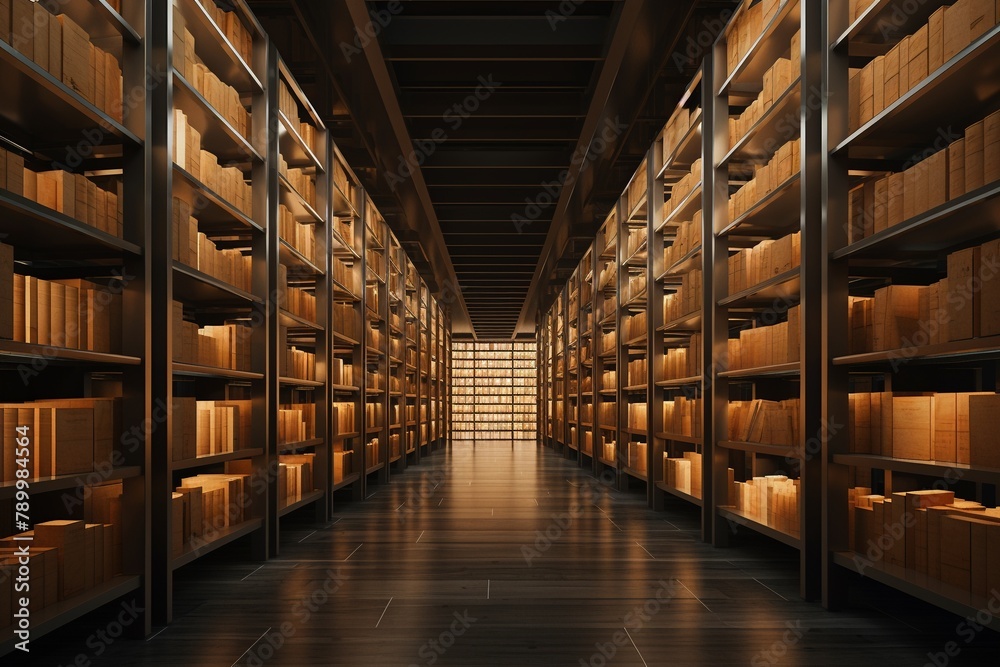 Fototapeta premium Vast archive with endless shelves, dim light, wide-angle, 