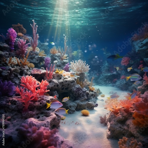 Underwater scene in Garden of God  macro  vibrant marine life  sacred tranquility  soft light  mystical  