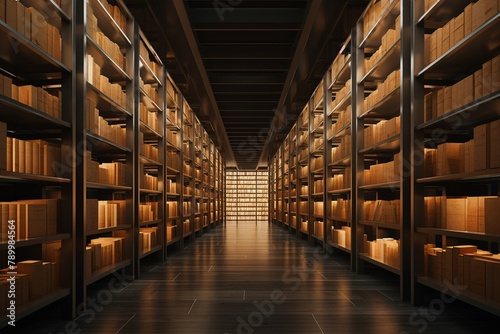 Vast archive with endless shelves, dim light, wide-angle, 