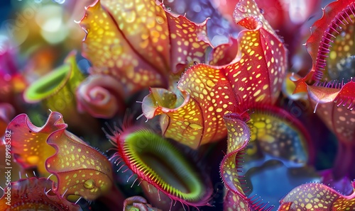 Capture the intricate details of rare carnivorous plants in a vivid watercolor medium Show their exotic colors and unique structures up close for a mesmerizing effect