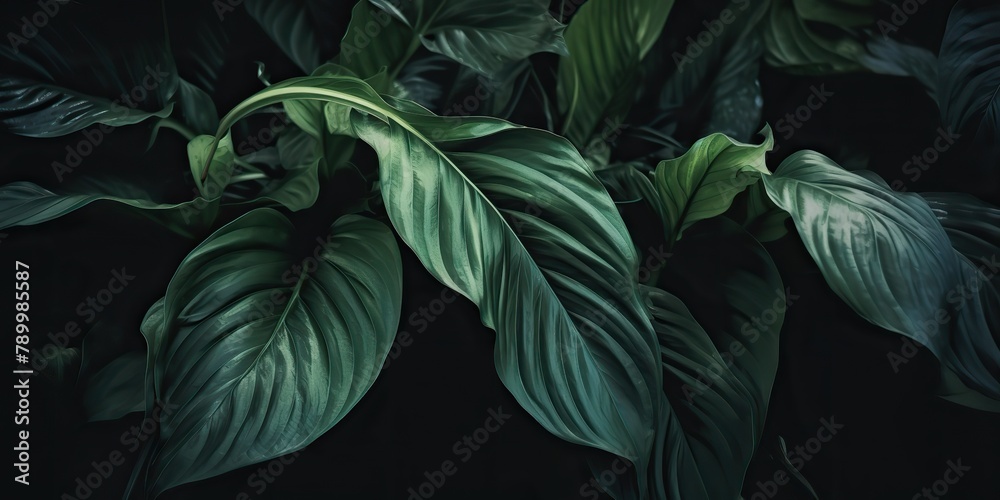 Fototapeta premium Leaves of spathiphyllum cannifolium abstract green dark texture nature background tropical leaf decorative background scene