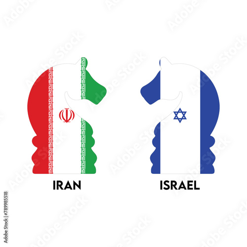 Iran vs Israel War. Islamic Republic of Iran and Israel Chess Horse Concept flags. Iran and Israel political conflict, economy, war crisis, relationship, trade concept. Muslims vs Jews war concept. 