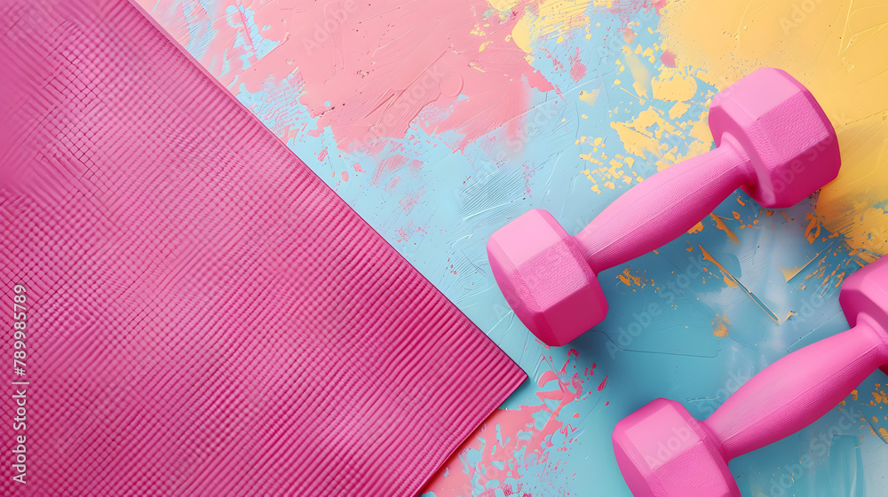 Modern stylish fitness pilates training gym background. Top view to yoga sport mat and pink dumbbells on floor background