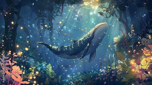 A gentle illustration of a miniature whale swimming through a magical underwater garden surrounded by luminescent plants and tiny sea creatures photo