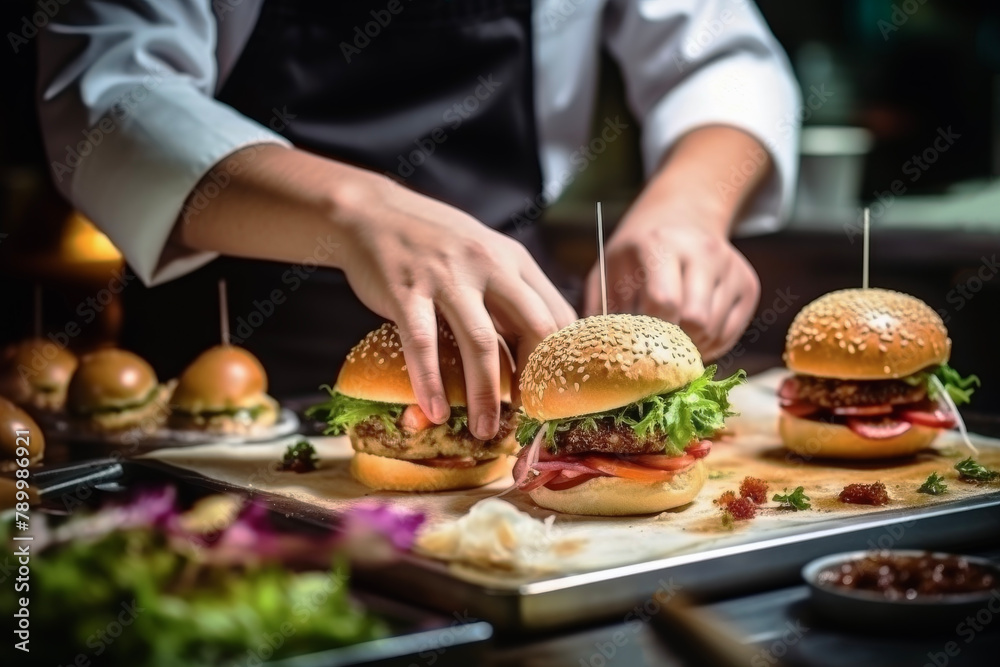 Female Chef Preparing a Gourmet Burger, Featuring Ingredients in the Foreground, Highlighting Culinary Precision and Creativity