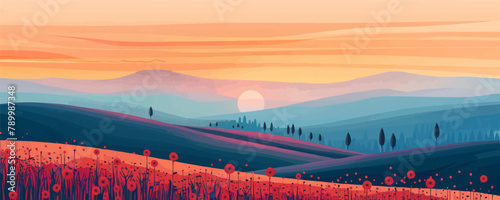 Rolling hills at sunset with fields and tiny trees. Vector flat minimalistic isolated illustration.