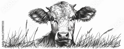 Farm cow head sketch hand drawn line art engraving Vector illustration