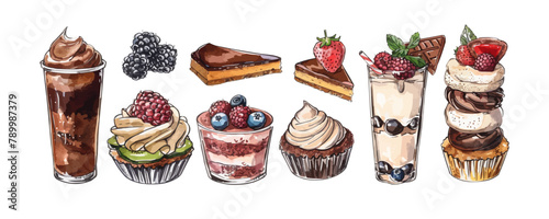 A series of desserts and drinks are shown in a row, including a cupcake