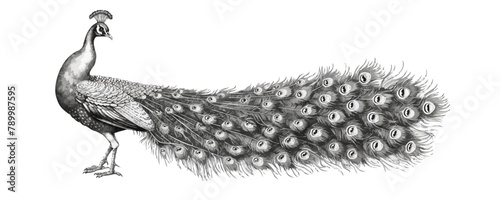 A black and white drawing of a peacock with its tail spread out