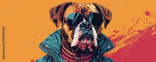 boxer dog is standing in jacket and sunglasses. Vector illustrator