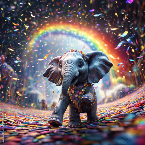 A Painting of a Joyful Jumbo: Glowing Elephant Waltzes on a Rainbow Cloud Highway © ADI