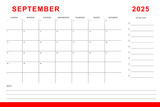 September 2025 calendar. Monthly planner template. Sunday start. Vector design