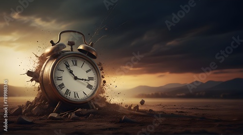 Alarm clock with book, colorful glowing smoke explosion, fantasy background.generative.ai 