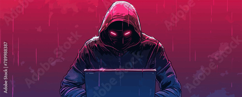 h acker with hidden face, working on laptop cyberpunk vector cartoon cyberpunk. vector simple illustration